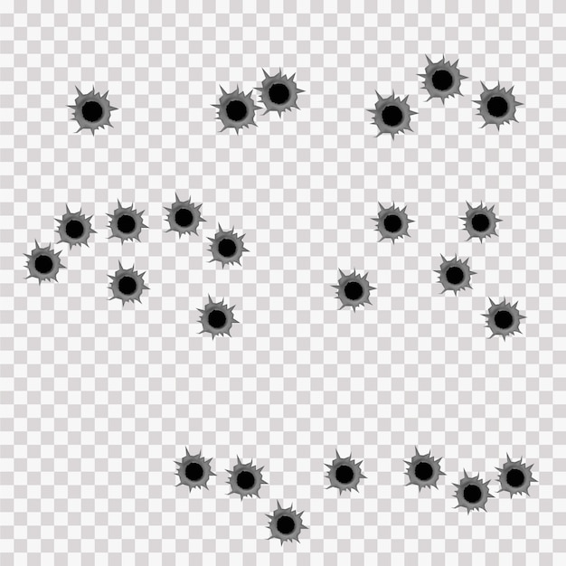 金属板の銃器からの現実的な弾痕は透明な背景に分離されます。弾丸から金属板に破れた穴。