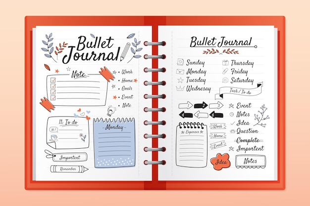 Realistic bullet journal with doodle drawings