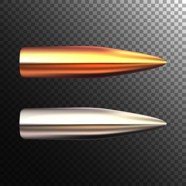 Vector realistic bullet on transparent background. shiny rifle bullets.