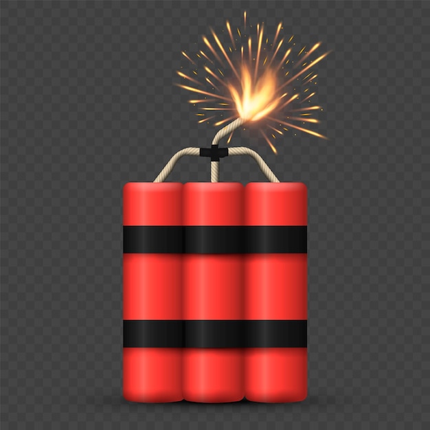 Realistic bunch of red detonate dynamite bomb sticks with fire flash Vector illustration