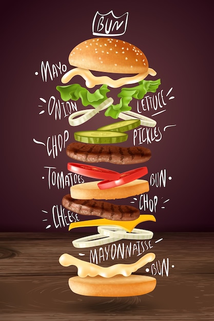 Realistic burger flying elements illustration