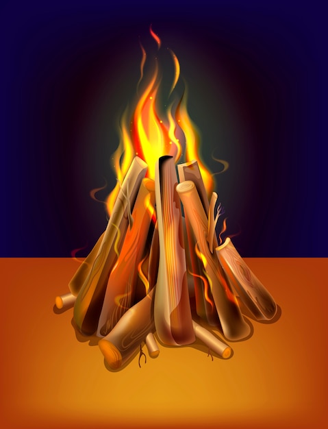 Vector realistic burning bonfire with wood