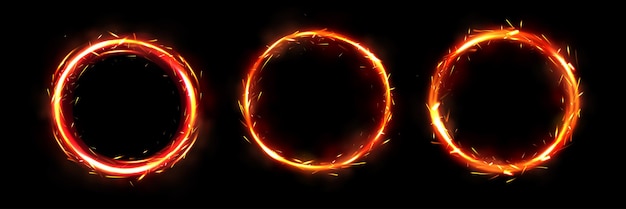 Vector realistic burning circle frames with sparks red flaming round light circus fiery circle ring frame