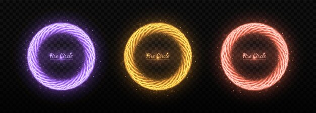 Vector realistic burning circles round fiery frames on transparent background