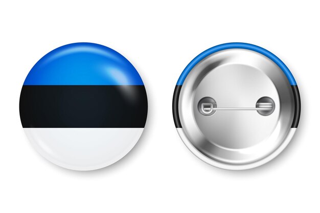 Vector realistic button badge with printed estonian flag souvenir from estonia glossy pin badge with shiny