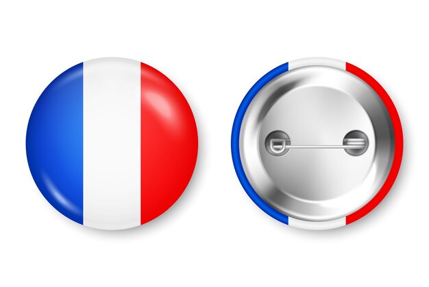 Vector realistic button badge with printed french flag souvenir from france glossy pin badge with shiny