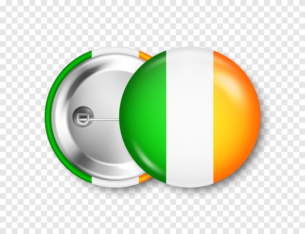 Vector realistic button badge with printed irish flag souvenir from ireland glossy pin badge with shiny