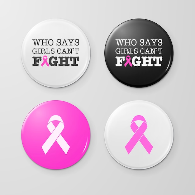 Vector realistic button badges with cancer theme inscription and pink ribbon - symbol of breast cancer awareness. icon set. closeup isolated. design template, stock   illustration,