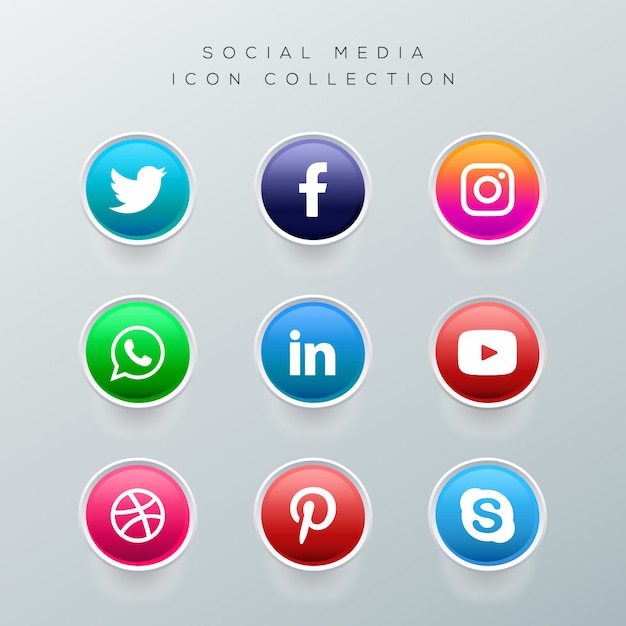 Realistic buttons with social media logo collection