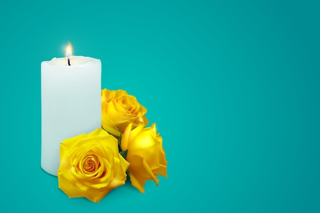 Realistic candle and yellow rosebuds on a blue background