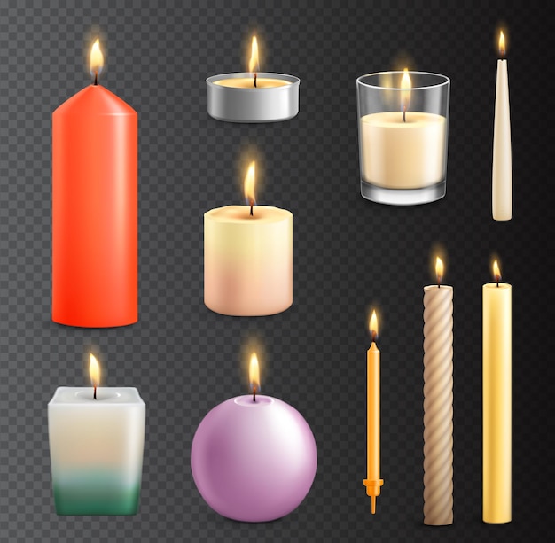 Vector realistic candles candlelight and tealight flames