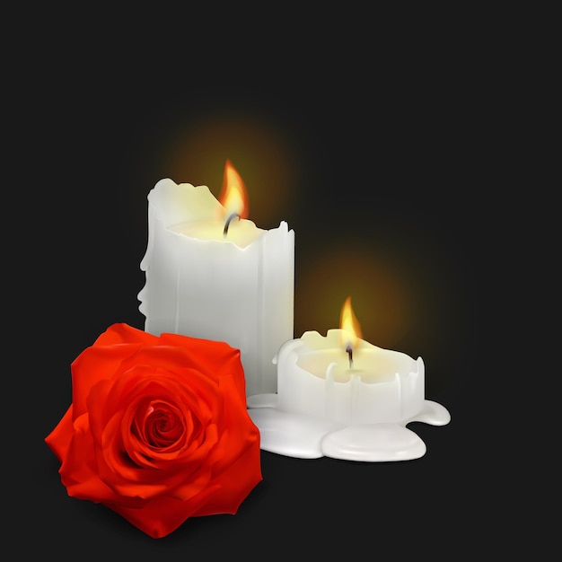 Vector realistic candles and rosebud on a black background