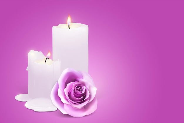 Candele realistiche e bocciolo di rosa su sfondo viola