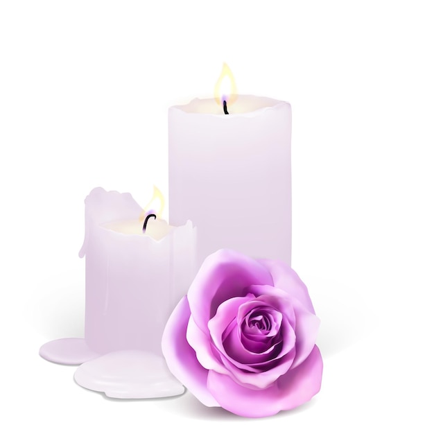 Реалистичные свечи и бутон розы на белом фоне
