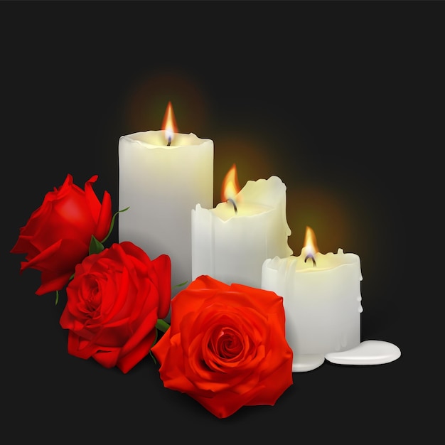 Realistic candles and rosebuds on a black background