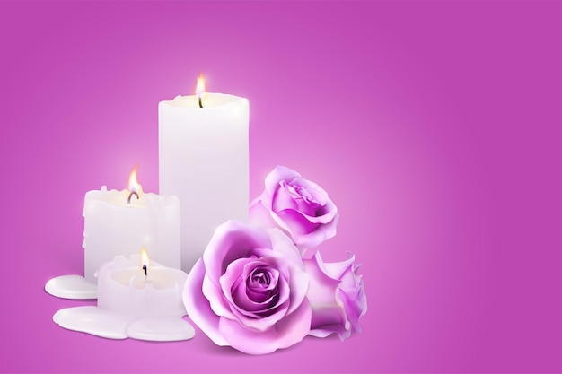 Realistic candles and rosebuds on a purple background