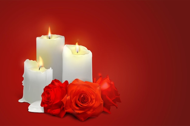 Realistic candles and rosebuds on a red background