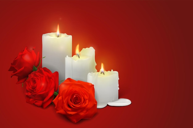 Vector realistic candles and rosebuds on a red background