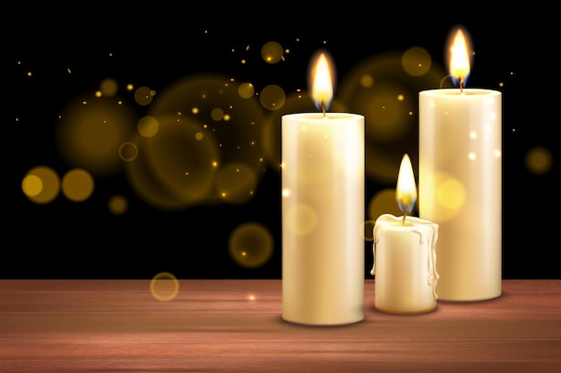 Vector realistic candles on wooden surface with golden particles illustration