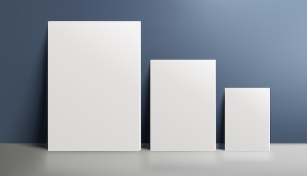 Vector a realistic canvas mockup with blank space three canvases by the wall on navy blue background