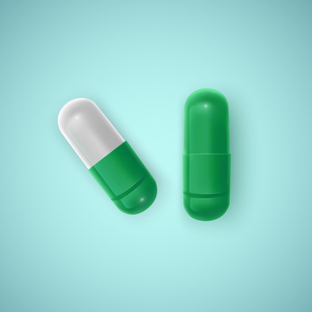 Realistic capsule medicine, green tablet or pill