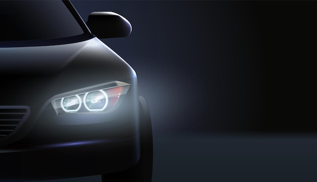 Realistic car headlights ad composition high class status car in the dark