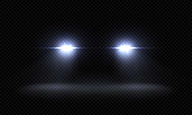 Vector realistic car headlights. train front light beams, transparent bright glowing light rays, night road light effects