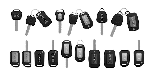 Vector realistic car keys black color isolated on white background. set of electronic car key front and back view and alarm system. 3d realistic  .