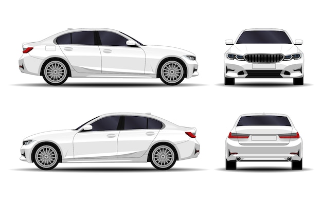 Realistic car. sedan. front view; side view; back view.