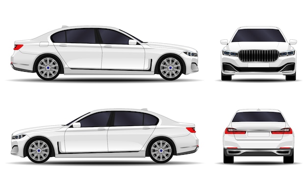 Realistic car. sedan. front view; side view; back view.