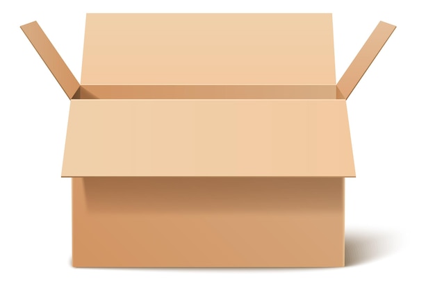 Vector realistic cardboard box. side view mockup. open empty package isolated on white background