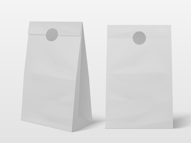 Реалистичная картонная упаковка белый бумажный пакет, закрытый пустой клейкой наклейкой упаковка для еды на вынос экологический пакет с копией пространства одноразовый векторный макет мешка для брендинга