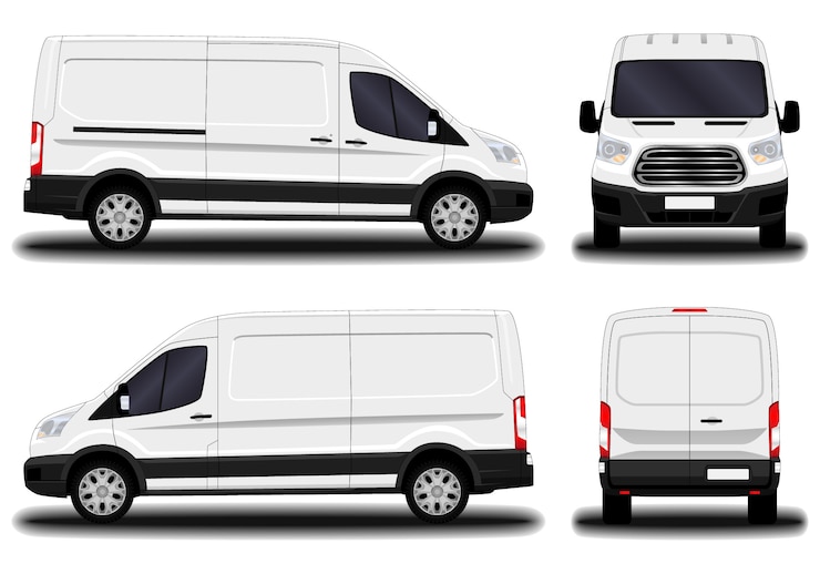 Vector realistic cargo van. front view; side view; back view.