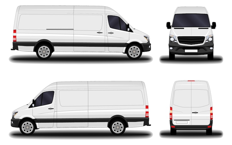 Vector realistic cargo van. front view; side view; back view.