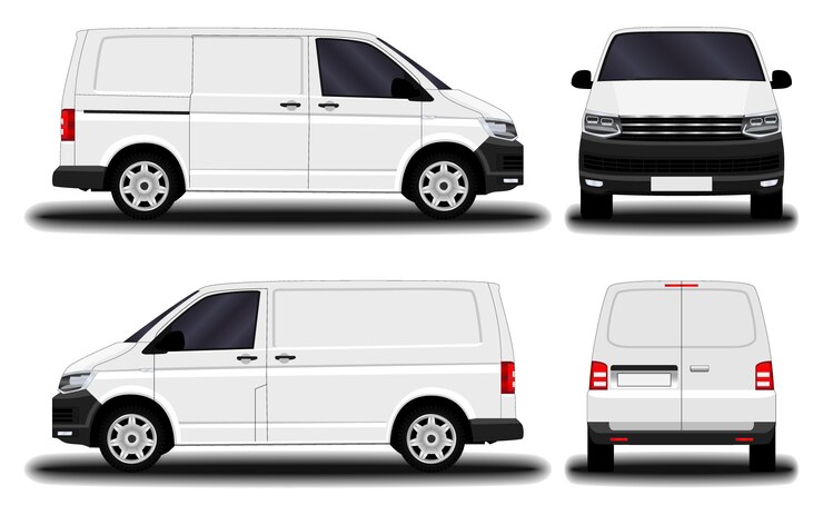 Vector realistic cargo van. front view; side view; back view.