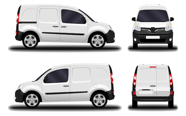 Realistic cargo van. front view; side view; back view.