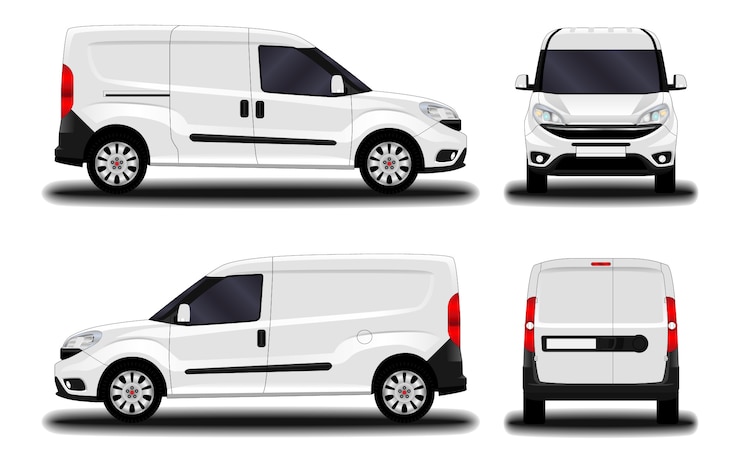 Vector realistic cargo van. front view; side view; back view.