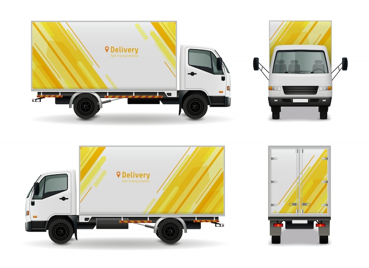 Vector realistic cargo vehicle advertising mockup design in yellow white color side view, front and rear vector illustration
