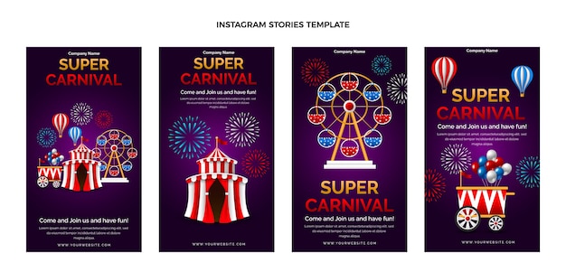 Vettore realistica raccolta di storie di instagram di carnevale