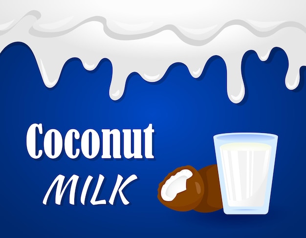 Realistic cartoon plant milk banner Colorful coconut milk vector illustration Glass of milk coco nut and milk splash border on blue background