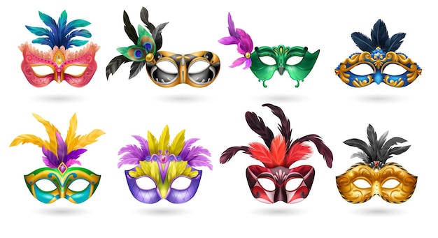 Realistic carvinal mask composition with isolated image of masquerade mask with peacock feathers vector illustration