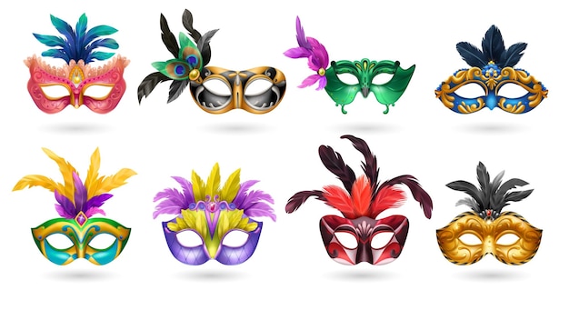 realistic carvinal mask composition with isolated image of masquerade mask with peacock feathers vector illustration
