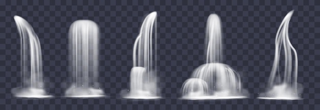 Реалистичный каскадный водопад 3d жидкость стекает струями капли воды туман горные реки ручьи и брызги разные формы и углы обзора векторный мультфильм изолирован на прозрачном фоне