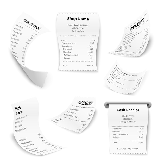 Vector realistic cash register score financial document printed on thermal rolled paper falling different angles sheets curved corners purchase bills collection vector isolated on white background set