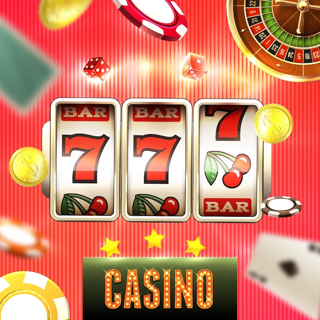 Realistic casino jackpot with slot machine making 777 illustration