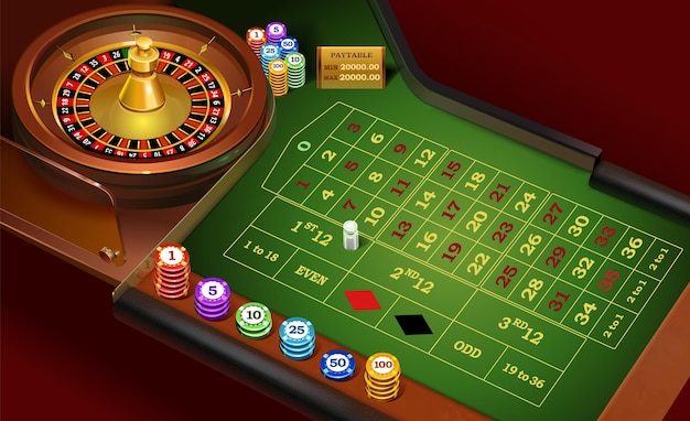 Vector realistic casino roulette on a green table and wheel