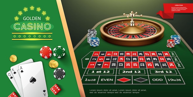 Vector realistic casino roulette template with wheel and game dices on table playing cards chips illustration