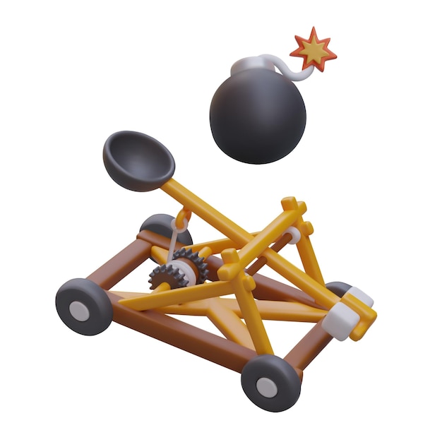 Vector realistic catapult launches projectile round black bomb with lit cord flies in air