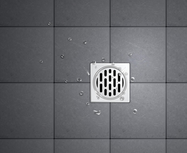 Realistic ceramic floor tiles drainage grates composition square drain in the shower cubicle and residual water droplets vector illustration