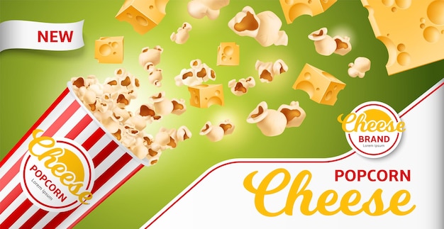 Vector realistic cheese product poster 3d popcorn flying out of bucket with gouda cheese flavor salty air snack fast food promo horizontal banner template logo and copy space utter vector concept